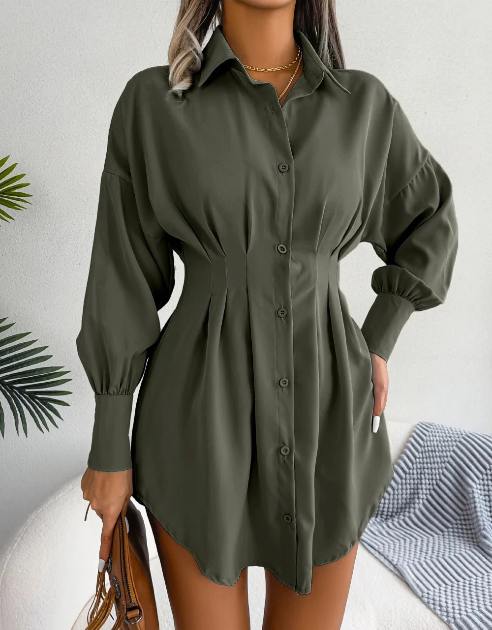 المرأة عارضة أزرار طويلة الأكمام قميص اللباس الخريف بلون التلبيب فستان قصير ملابس امرأة #3