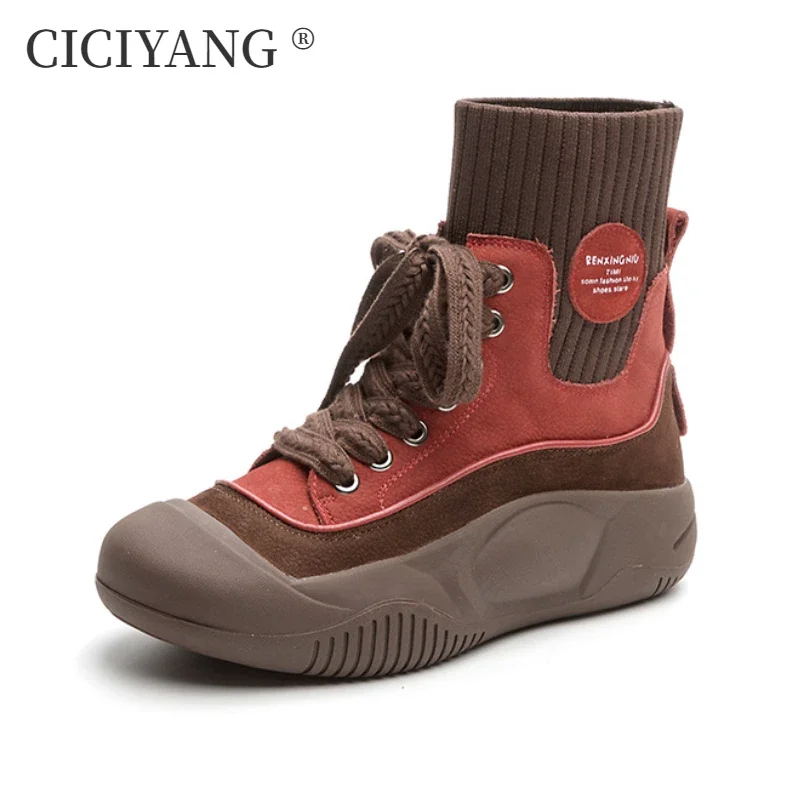 

CICIYANG Genuine Cowhide Leather Casual High-top Shoes Women 2025 Autumn British Style Flat Ankle Boots Ladies Anti-slip Booties