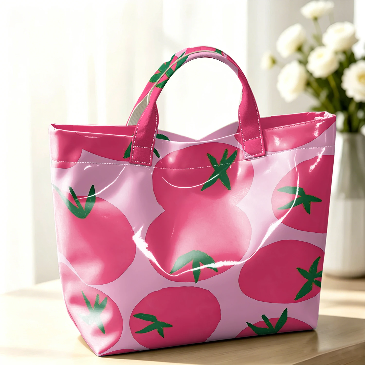 Pink Tomato Fruit Cute Large Glossy PVC Tote Bag Hand Washable Lightweight Soft Great for Travel Commute Makeup Storage Handbags