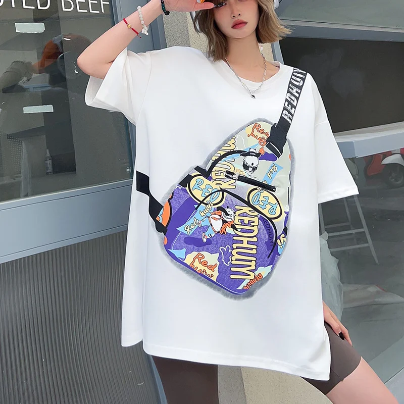 Summer Y2k Clothes New Messenger Bag Printed Pocket Zipper T-shirt Women Europea Style Casual Large Size Couple Casual Tees Tops