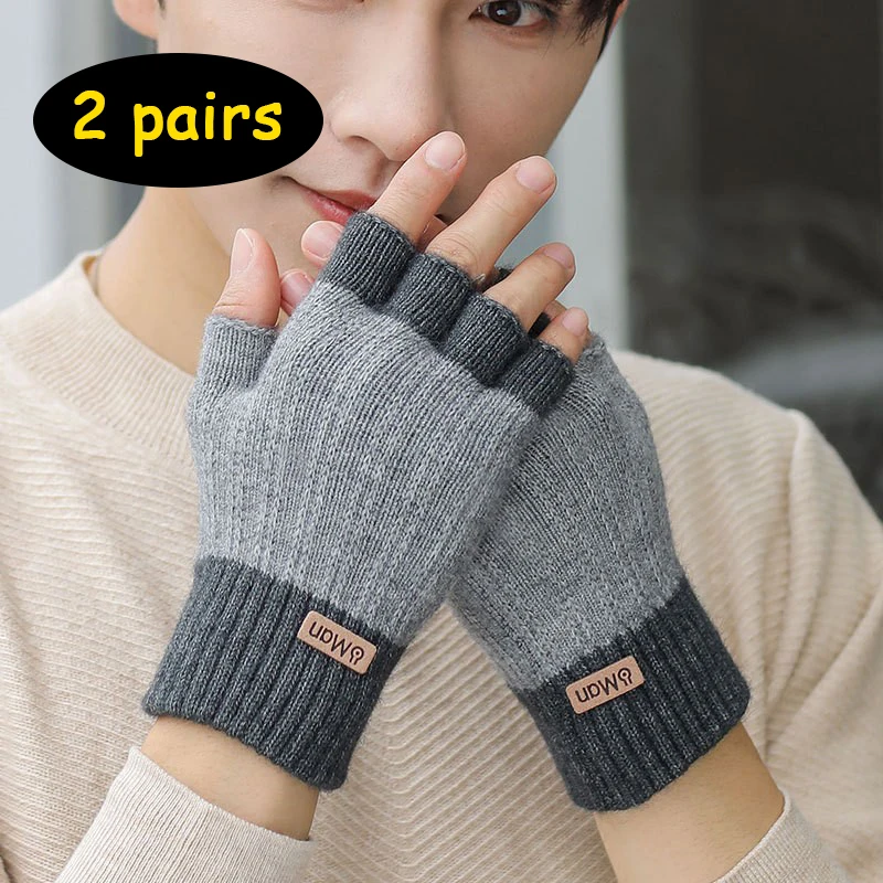 2Pairs Men Winter Fingerless Half Finger Knitted Gloves Office Knitted Warm Exposed Finger Thick Gloves Elastic Driving Gloves