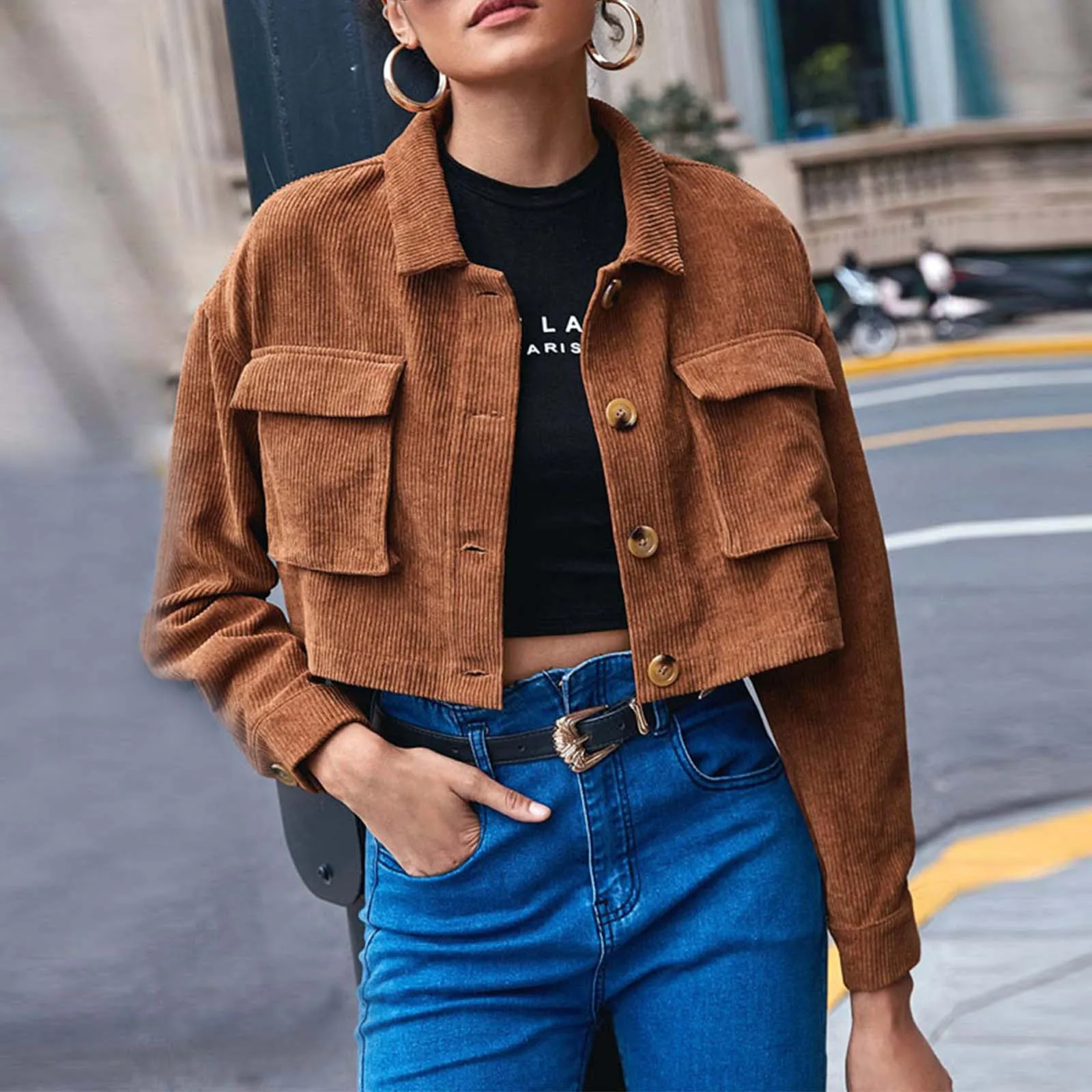 

Women's Solid Color Single Breasted Accordion Bag Turn Down Corduroy Cardigan Jacket Outerwear Cropped Fashion Women's Jackets