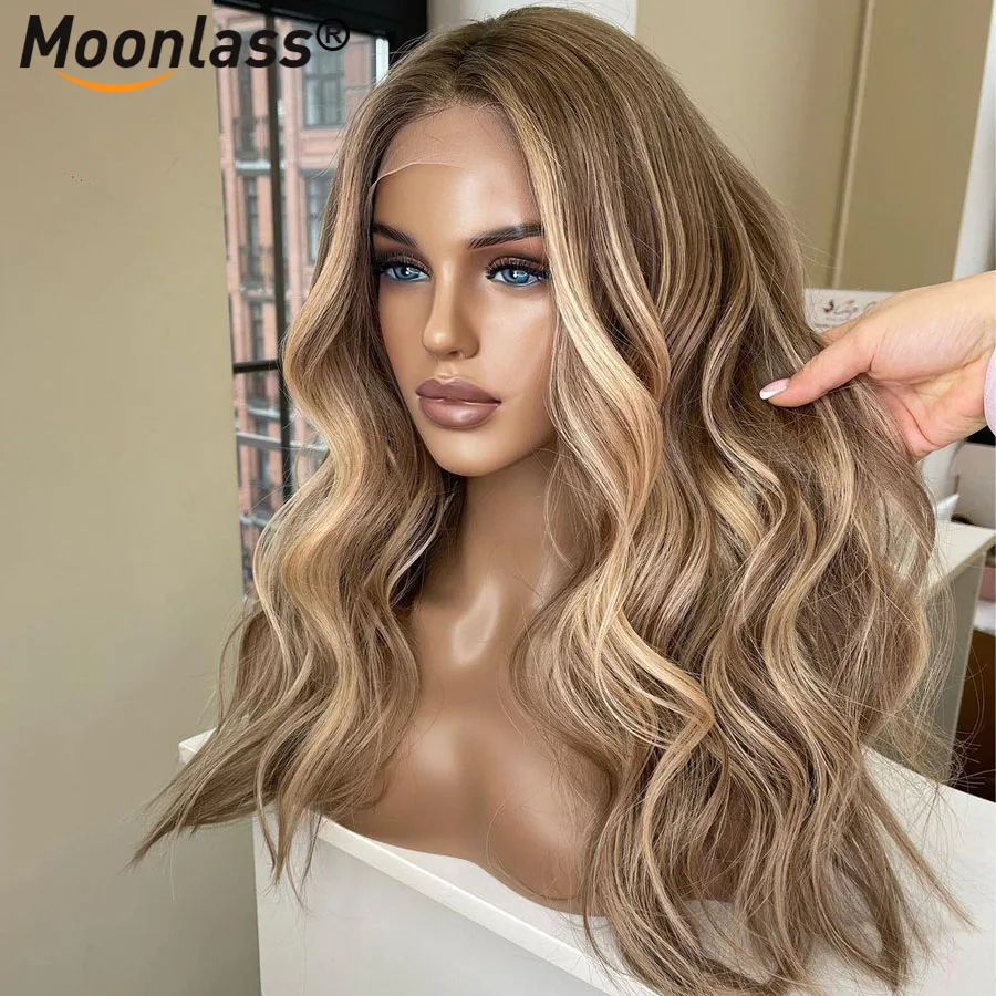 Wig gelombang tubuh pirang Highlight Ash 100% rambut manusia untuk wanita 13x6 Wig depan renda ketebalan 180 Wig rambut Remy prepked pirang