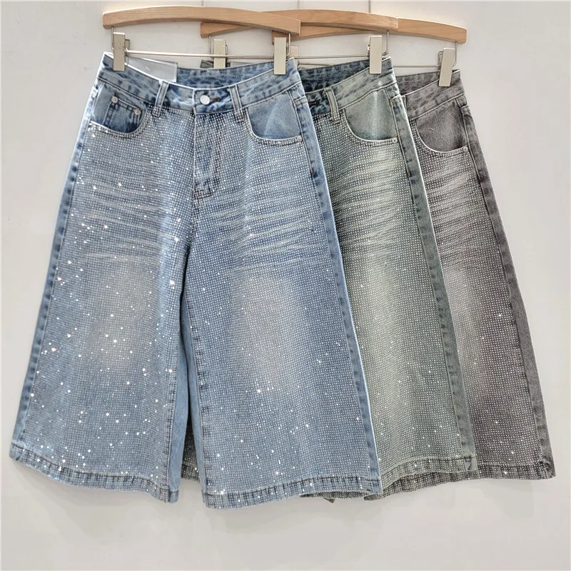 ANJY, novedad de verano, pantalones vaqueros elegantes para mujer, pantalones cortos con tachuelas de diamantes, pantalones vaqueros desgastados rectos, pantalones cortos elegantes de calle alta A10005