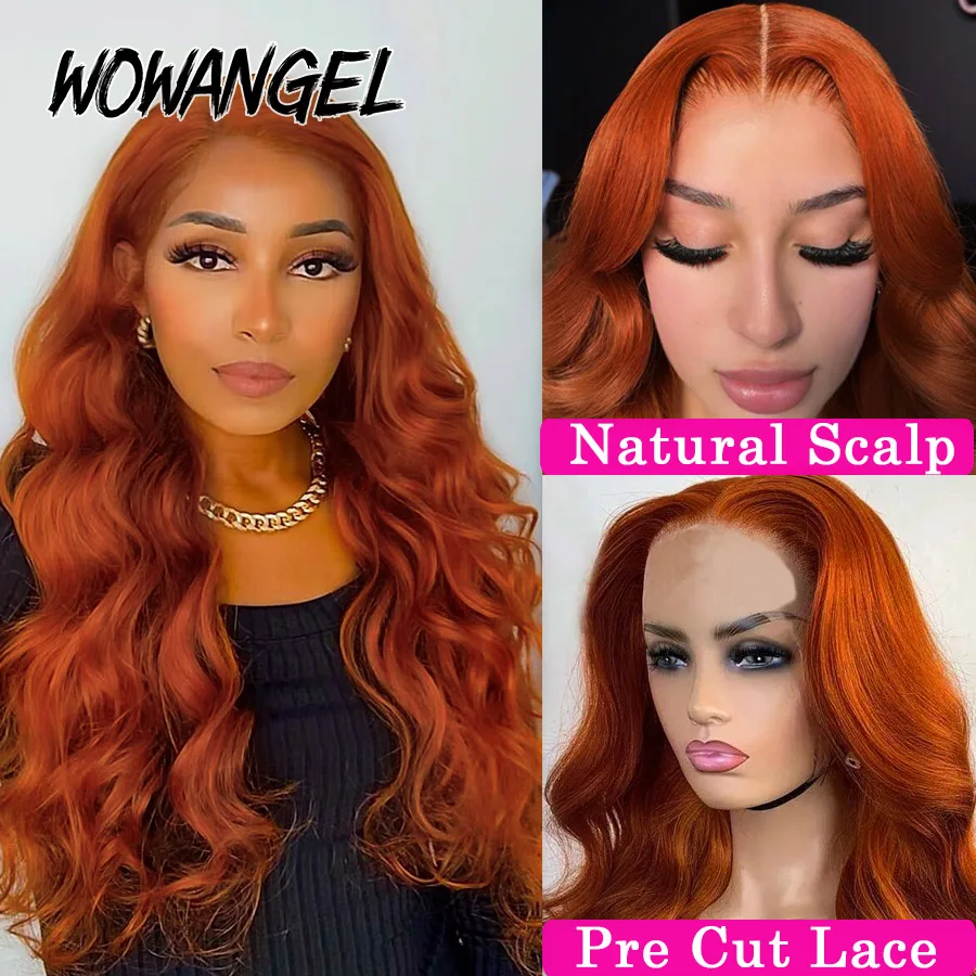 WOWANGEL-Peruca de Cabelo Humano Colorido Gengibre para Mulheres, Fechamento De Renda, Perucas De Onda Do Corpo, Glueless, Pré-Cortado, Derreter