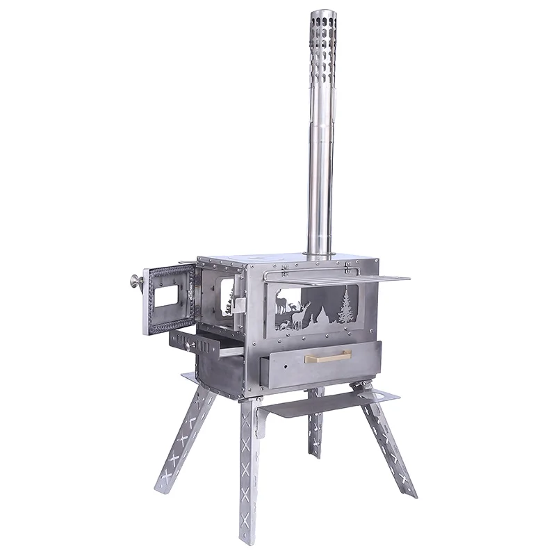 Portable Wood Burning Camping Stove Folding Stainless Steel Tent Heater with Chimney 15L Bag Outdoor Hiking Custom Logo