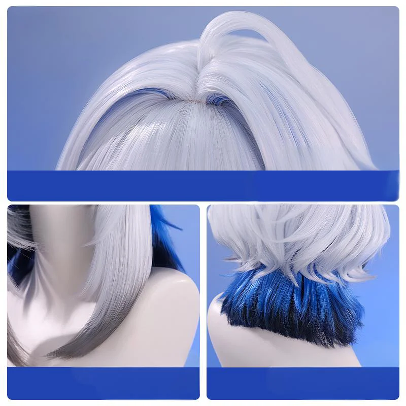 Jogo wuthering ondas galbrenr peruca cosplay prateado cinza azul curto cabelo encaracolado resistente ao calor perucas sintéticas adereços de halloween