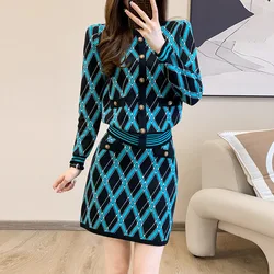 #0944 Spring Autumn Plaid Sweater Dress Women Knitted Cardigan Coat And Short Skirts Two Piece Set Vintage Office 2 Piece Set