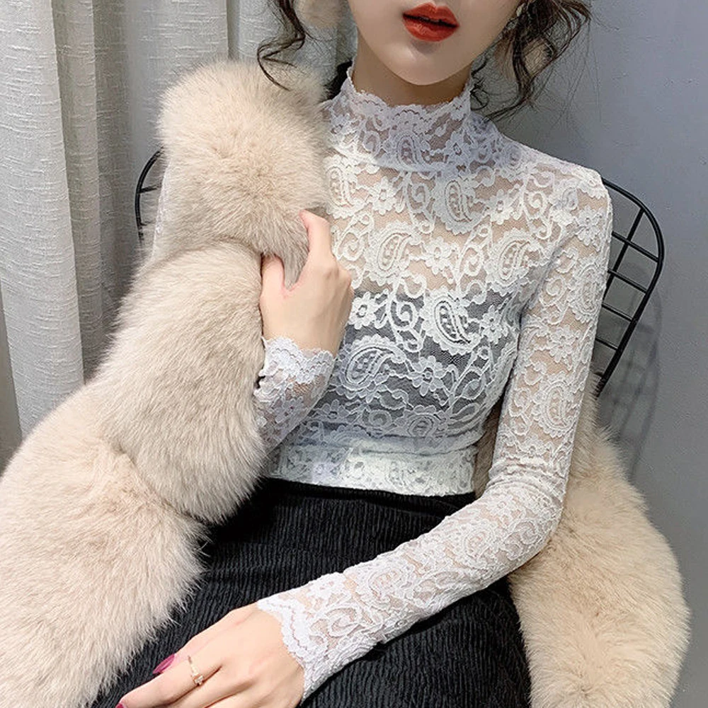 Transparent Lace Blouse Women Mesh O Neck Long Sleeve T Shirt Girl Black White Apricot Color Female Blouses S-2XL Cheaper Tops