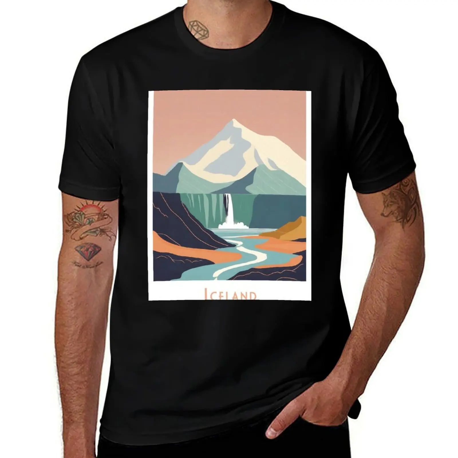 Vintage Minimal Retro Travel Poster Waterfall in Iceland T-Shirt Basic Lightweight Short Sleeve Tee T-Shirt