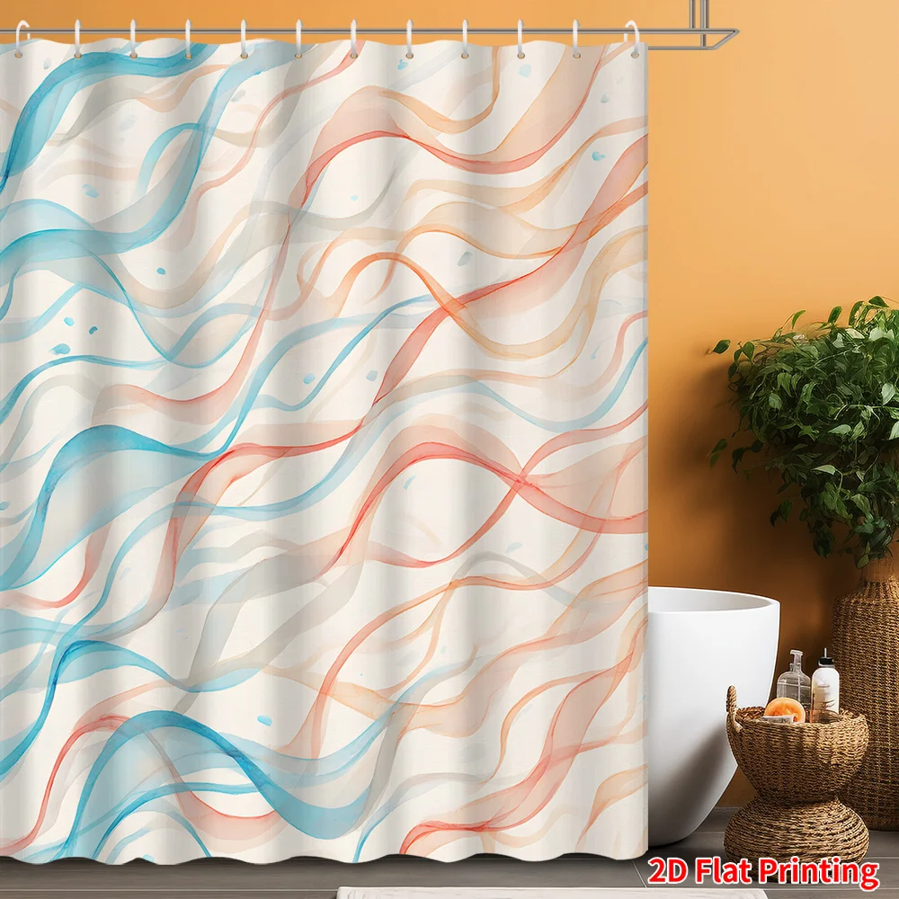 

Абстрактная занавеска для душа с плавными линиями и крючками, акварельные вихри, синий, коралловый, оранжевый, кремовый, полиэстер, можно стирать в машине