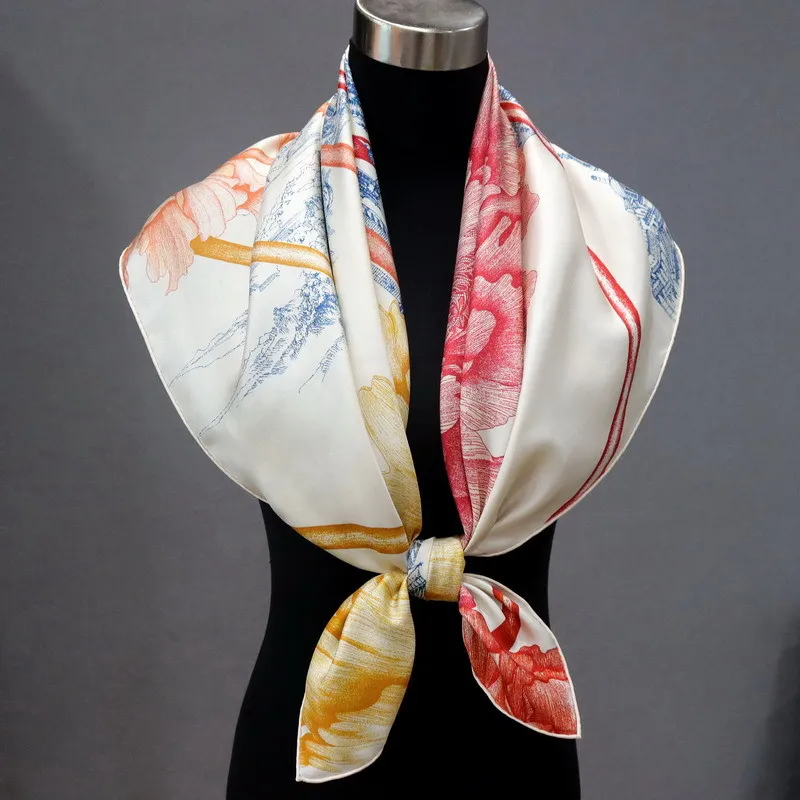 Floral 90 100% Silk Scarf Neckercheif Double Sided Peony Printed Womens Fashion Elegant Head Scarves Hijab for Hair Wrapping