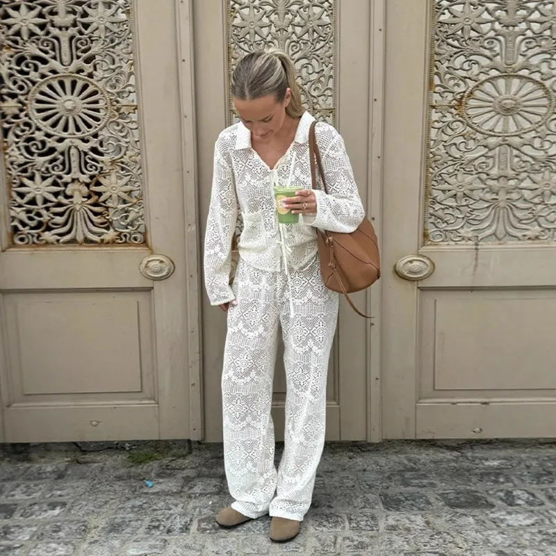 

Sexy and fashionable design, solid color lace top and pants set, women's 2025 summer new item
