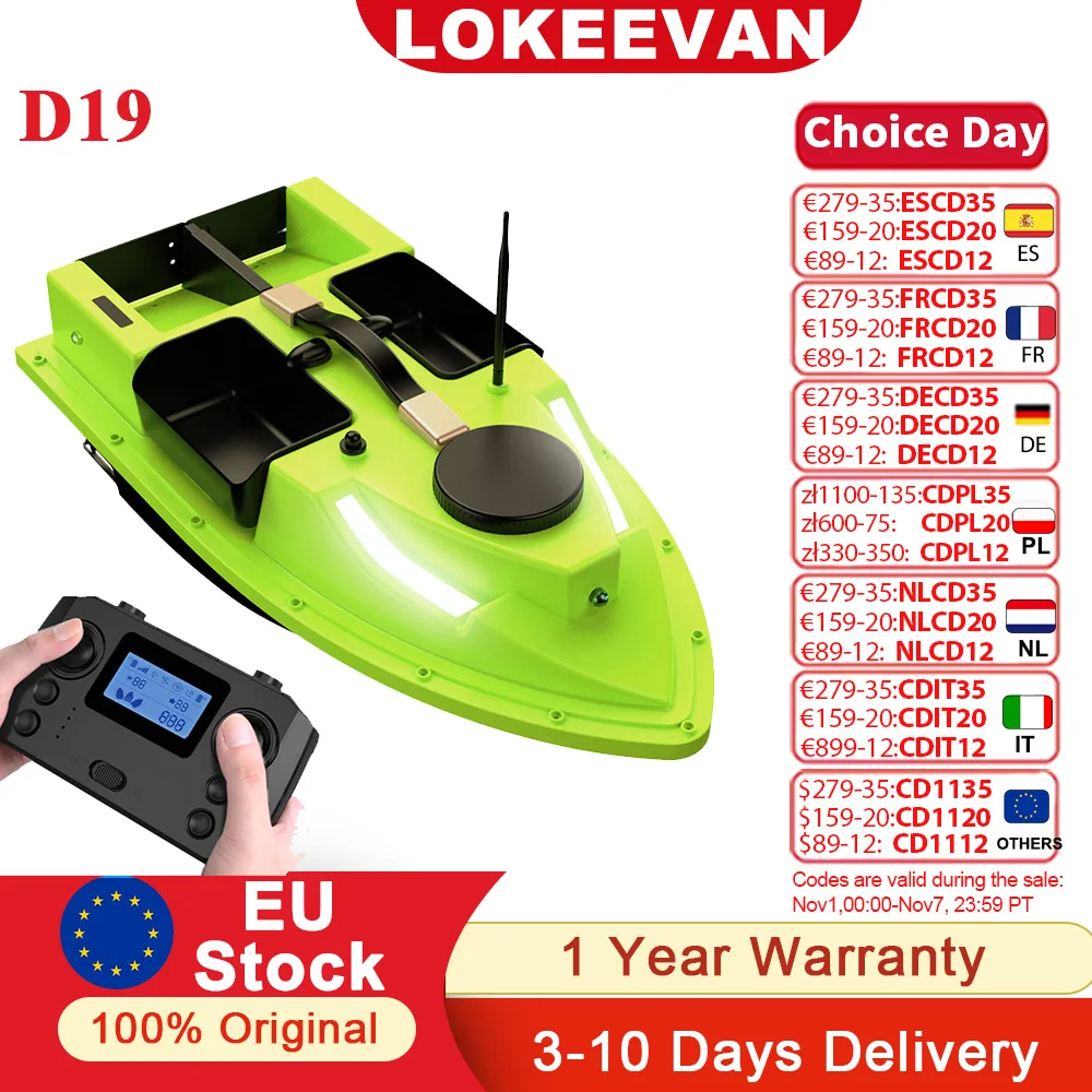 LOKEEVAN D19 Remote Controlled Bait Boat with GPS,600M RC Night Boat LED Fishing,4 Cabins 2 kg Loading,Fishing Boat,12000 mAh