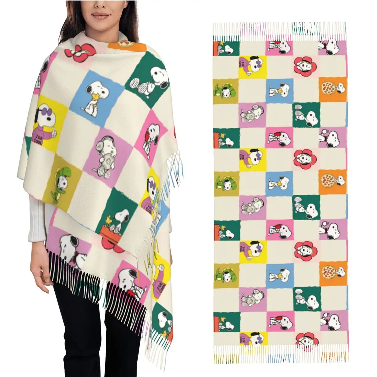 Womens Tassel Scarf Snoopys Cartoon Large Winter Fall Shawl and Wrap Daily Wear Cashmere Scarf