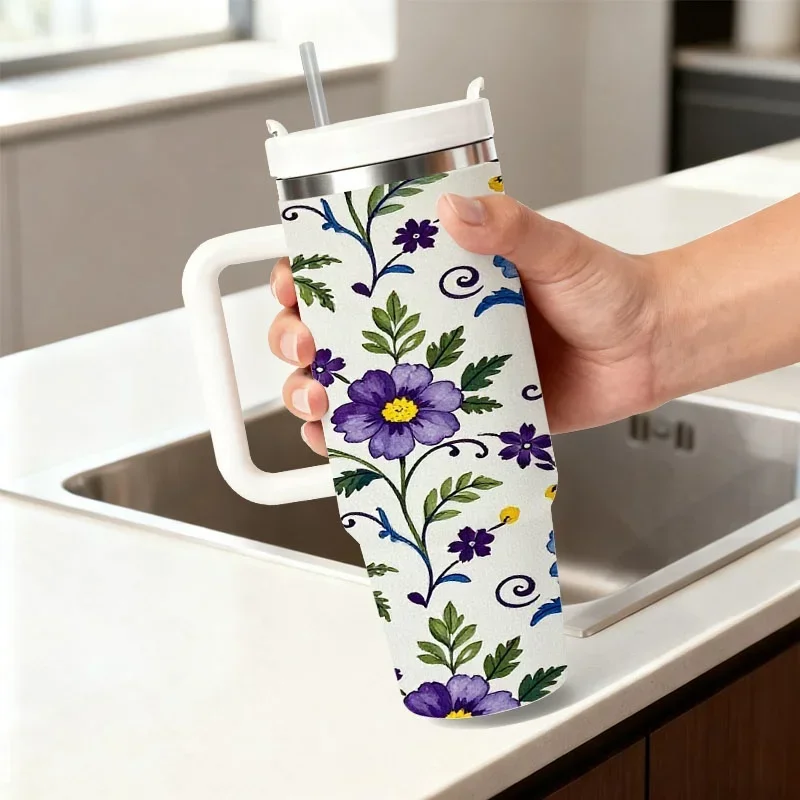 Vibrant Floral Pattern 40Oz Stainless Steel Insulated Tumbler, Digital Print Design with Colorful Blooms, Green Leaves And Whimsical Curves, Reusable Drink Container for Daily Use, Outdoor Trips And Office