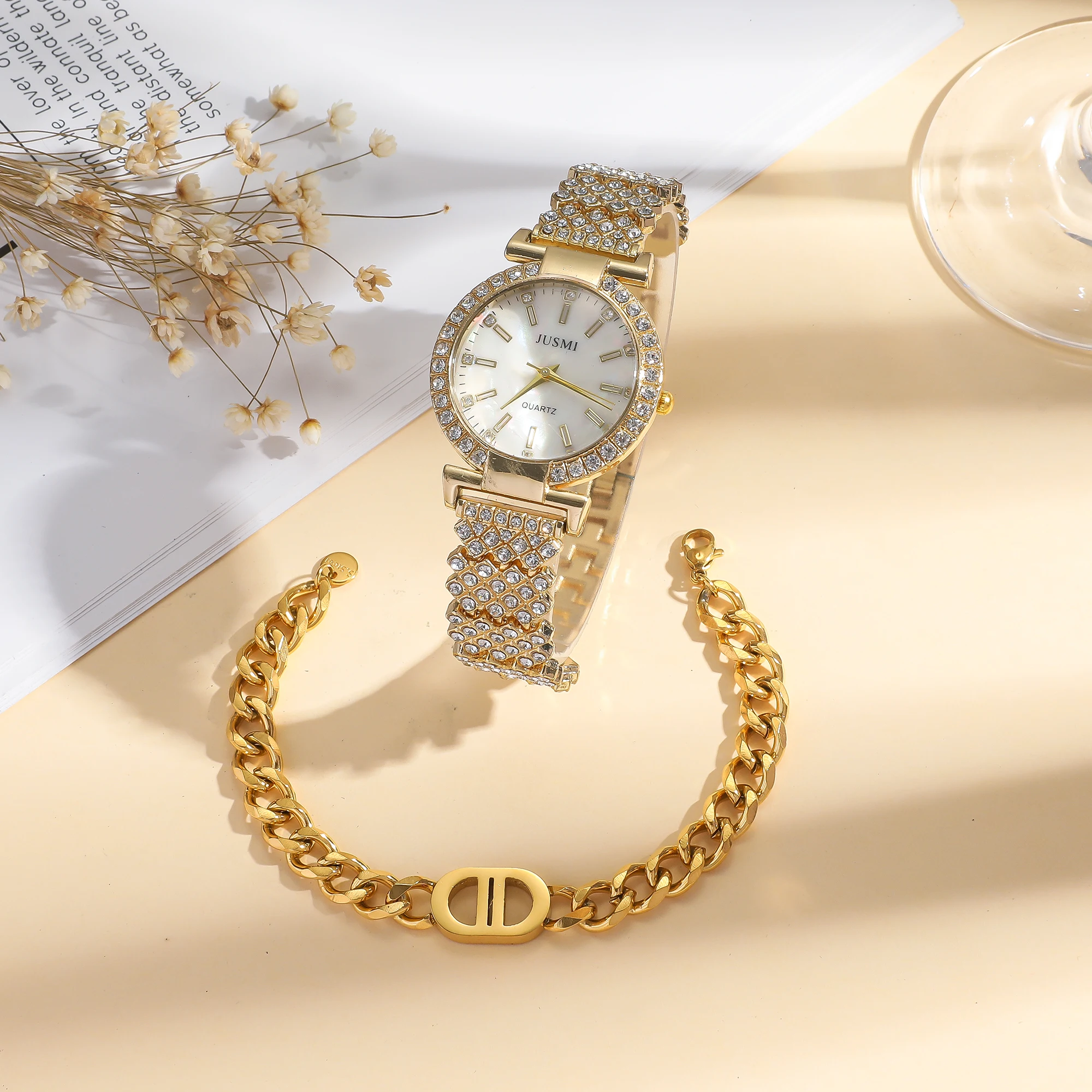 قطعتان/مجموعة ساعات كوارتز بسيطة مستديرة مرصعة بالألماس للسيدات أطقم مجوهرات بسيطة مناسبة لهدايا العطلات