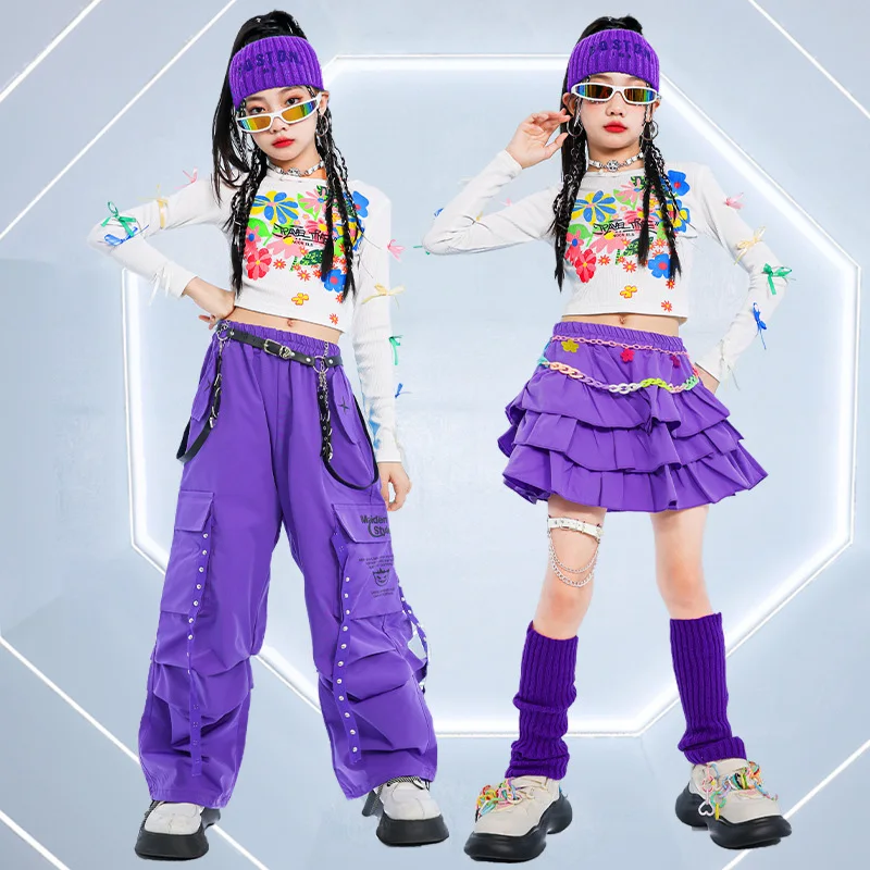 Mädchen Hip Hop K-Pop Crop Hoodies Street Dance Cargo Hosen Kinder Streetwear Tiered Röcke für Kind Jazz Lila Kostüm Sets