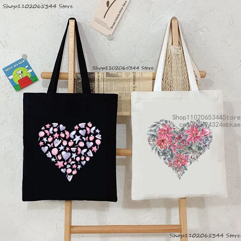 

New Aesthetics Sweet Heart Flower Women's Shoulder Bags Casual Fashion Heart Series Canvas Tote Bags INS Funny Student Handbags