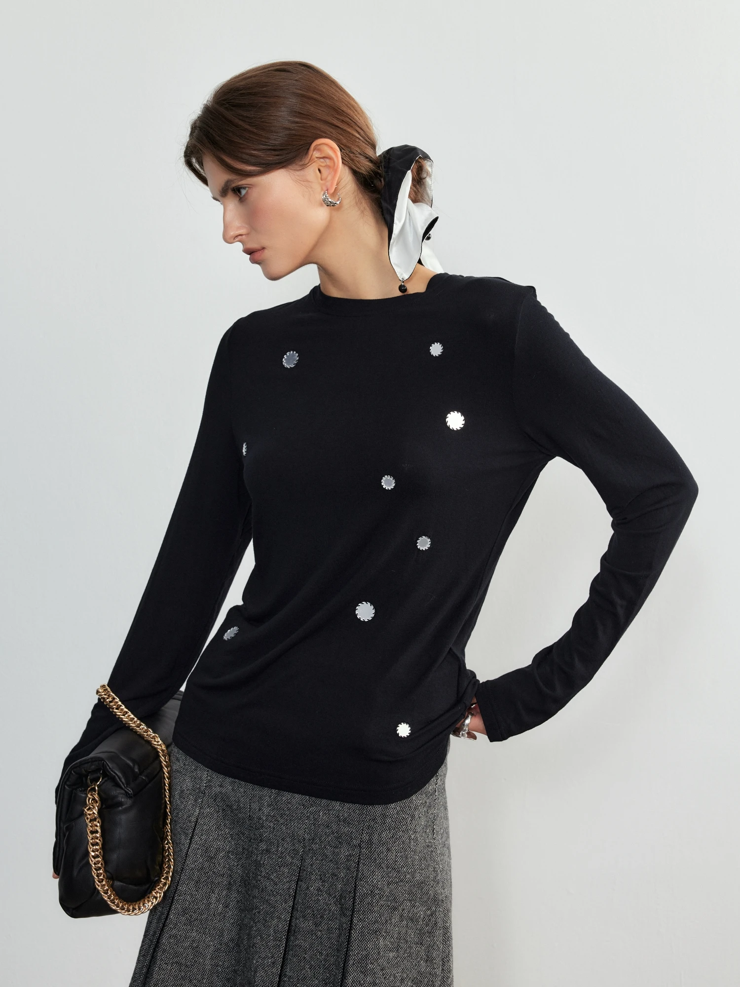 

Bla Long Sve T-irt Embroidered by Hand Loose Fit Casual Sle Cotton Blend iny Sequins Lean Project Ladies' Faion