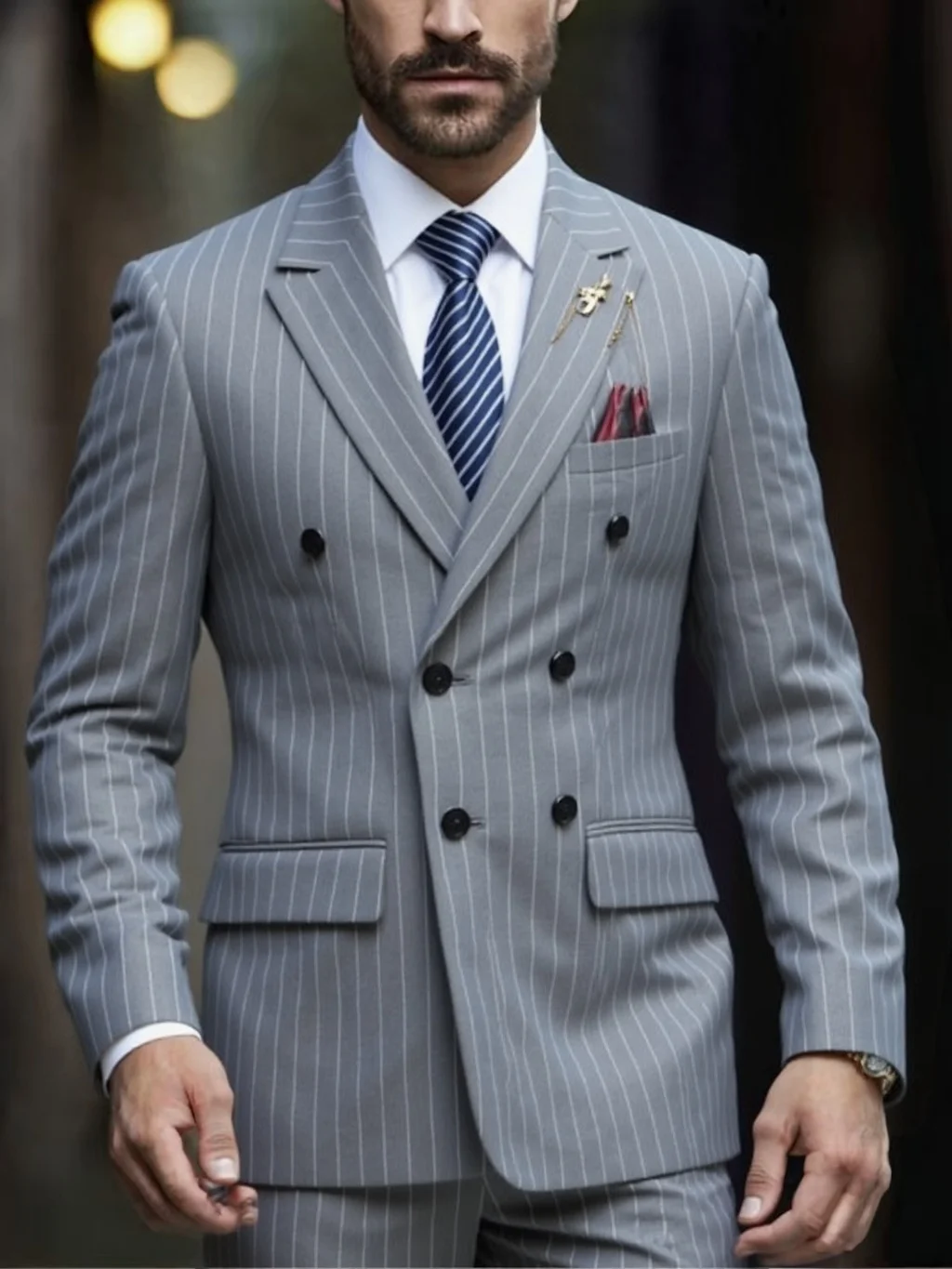 Men's Pinstripe Suit Set Classic Double Breasted Peak Lapel Slim Fit 2 Piece Blazer Pants For Business Formal Wedding - view 6