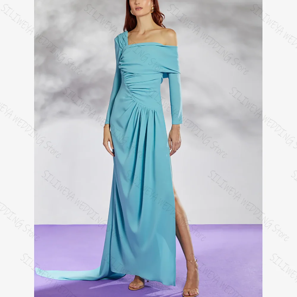 

Pure Blue One Shoulder High Slit Chic Prom Dresses Long Sleeves A-Line Floor-Length Female Party Evening Gown