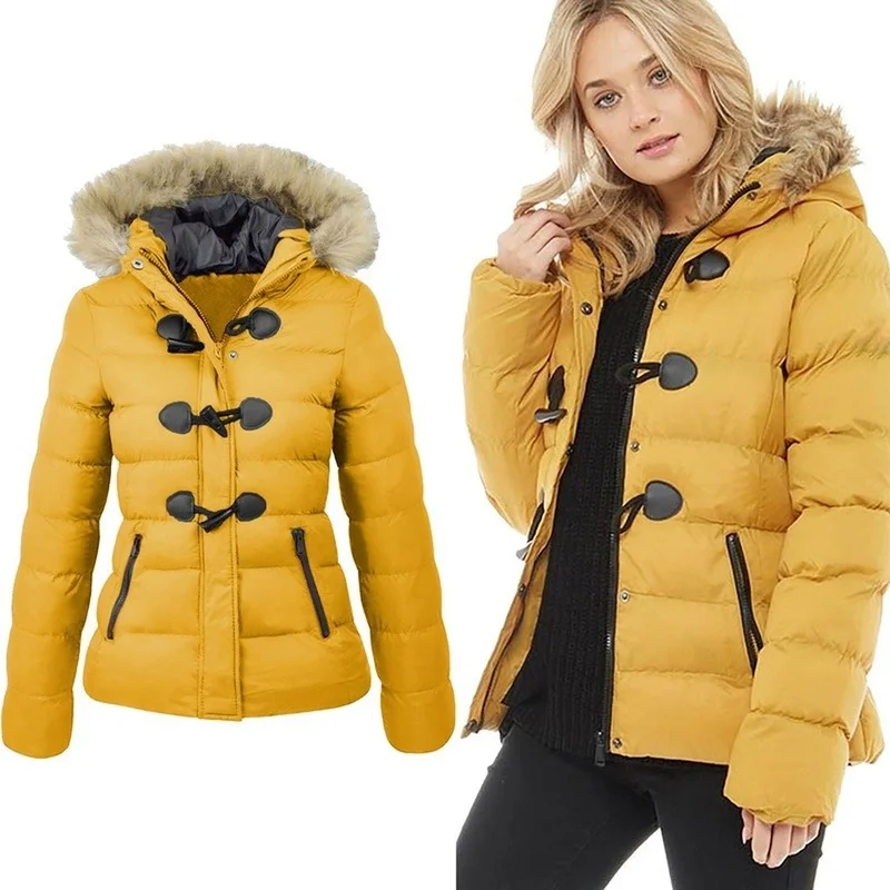 

Winter Models of Cotton-padded Jacket Women's Short Hooded Warm Jacket with Horn Buckle Decoration Women's Cotton-padded Jacket