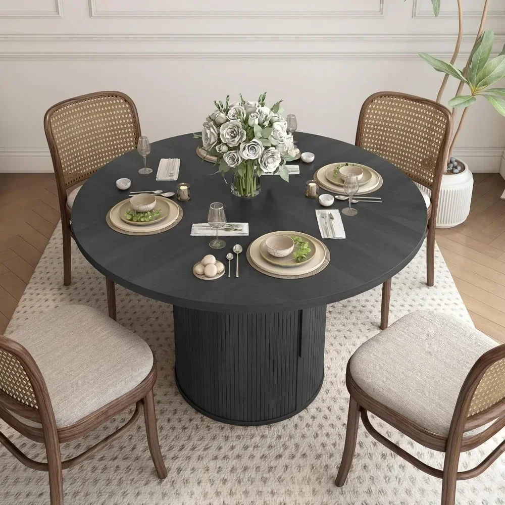 

Kitchen Table Dinner Table with 2-Layer Storage Shelf and Wood Slide Door for Home Dining Room, 47 inch Round Dining Table for 4