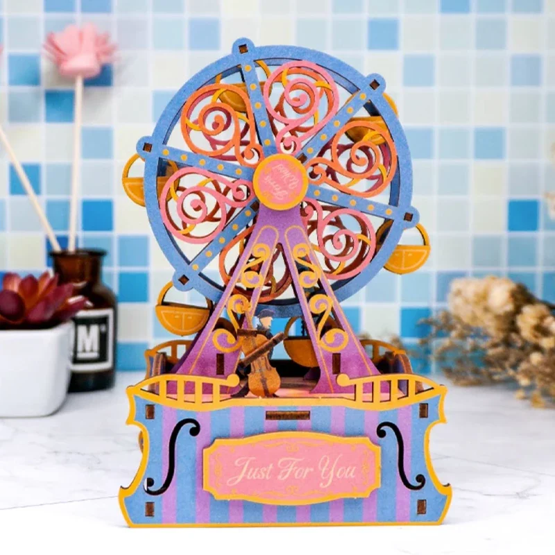 Animation Music Box Romantic Ferris Wheel Building Block Assembly Music Box Diy Handmade Ornament Canon Female Birthday Gift