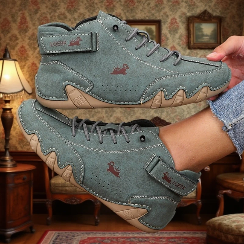 Women's Casual Leather High Top Ankle Shoes Unique Stitching Lace Up Walking Shoes Anti Slip Luxury Brand Retro Women's Boots image 3