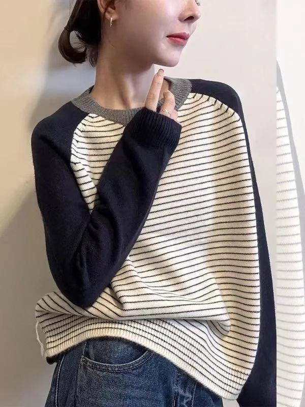 Prendas De punto, nuevo suéter De punto a rayas De manga larga, jerséis para Mujer, suéter De punto con cuello redondo, Jersey, Tops para Mujer, Sueters De Mujer Q2052
