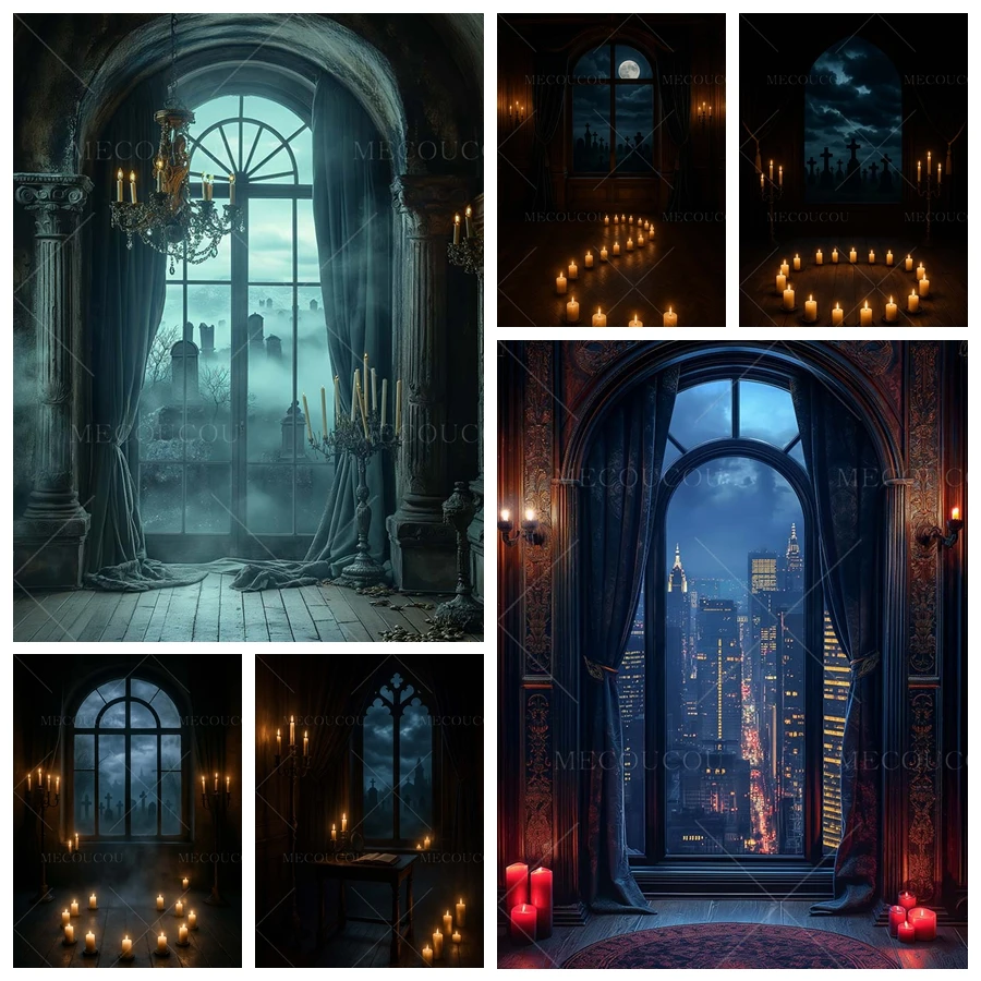 

Happy Halloween Gloomy Castle Party Photography Backdrop Candle Window Customize Festival Decoration Backgrounds For Photographs