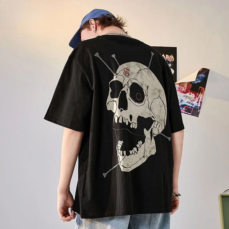 Hot Selling Original Skull Print Short Sleeve Male Instagram Fashion T-shirt Pure Cotton Loose Summer Student Top