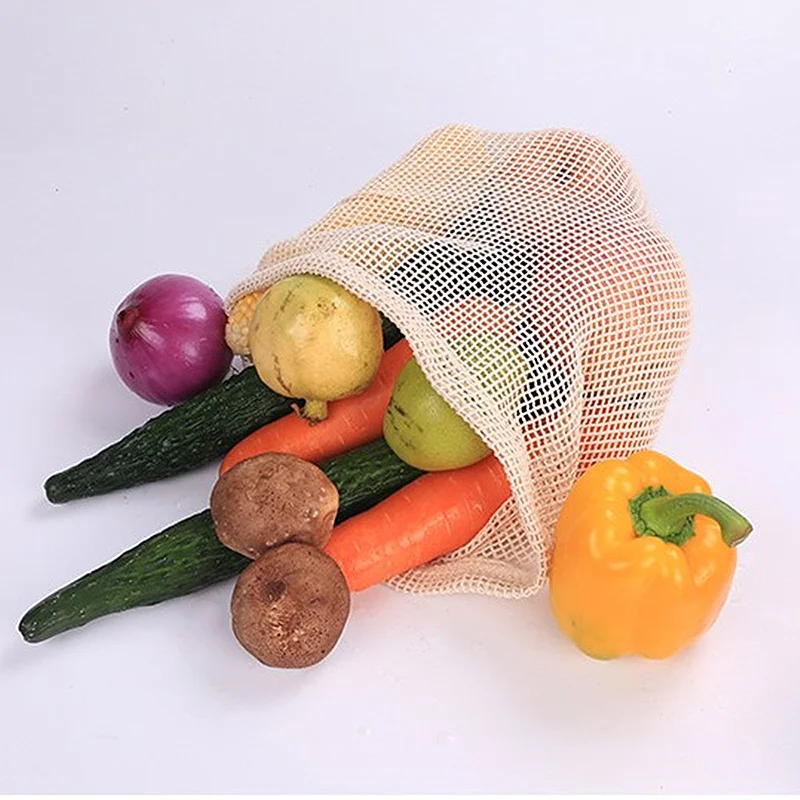 Bolsas de malla de algodón para verduras, frutas y verduras para almacenamiento de bolsa reutilizable, con cordón