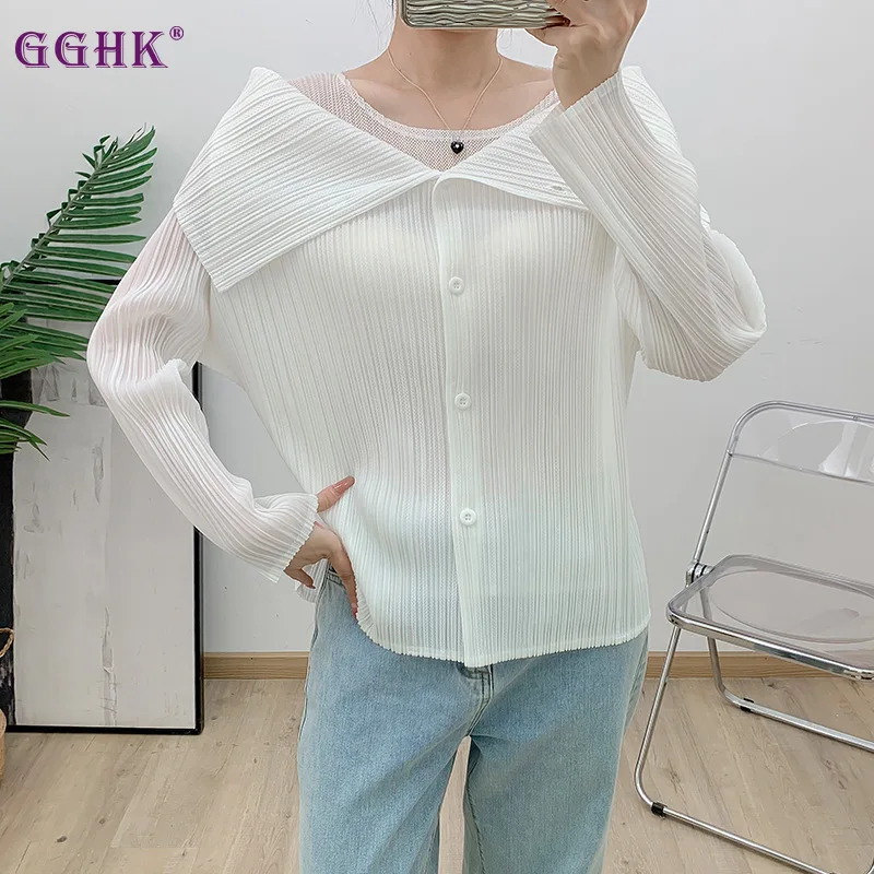 GGHK Pleated Women Casual Shirt Solid Color Lapel Long-sleeved Single-breasted Loose Plus Size Design Fashion Chic Tops 2025 New