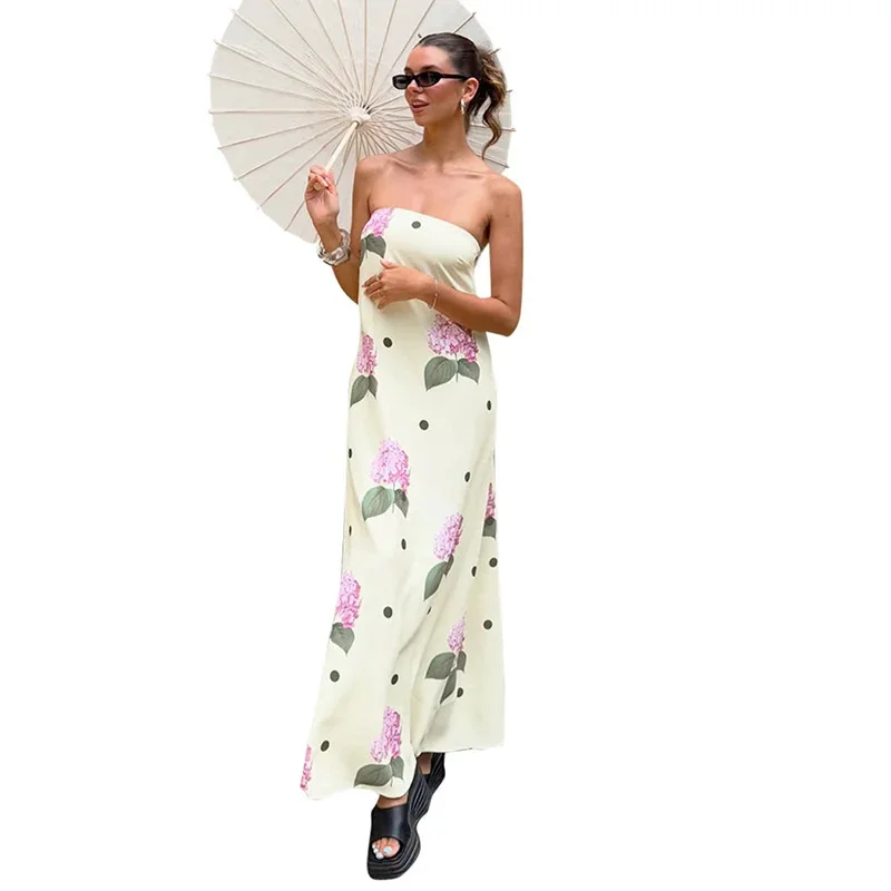 Elegant Floral Print Strapless Dress Sexy Off-Back Loose A-Line Long Dress New Summer Off-Shoulder Dress Stylish Women's Dress