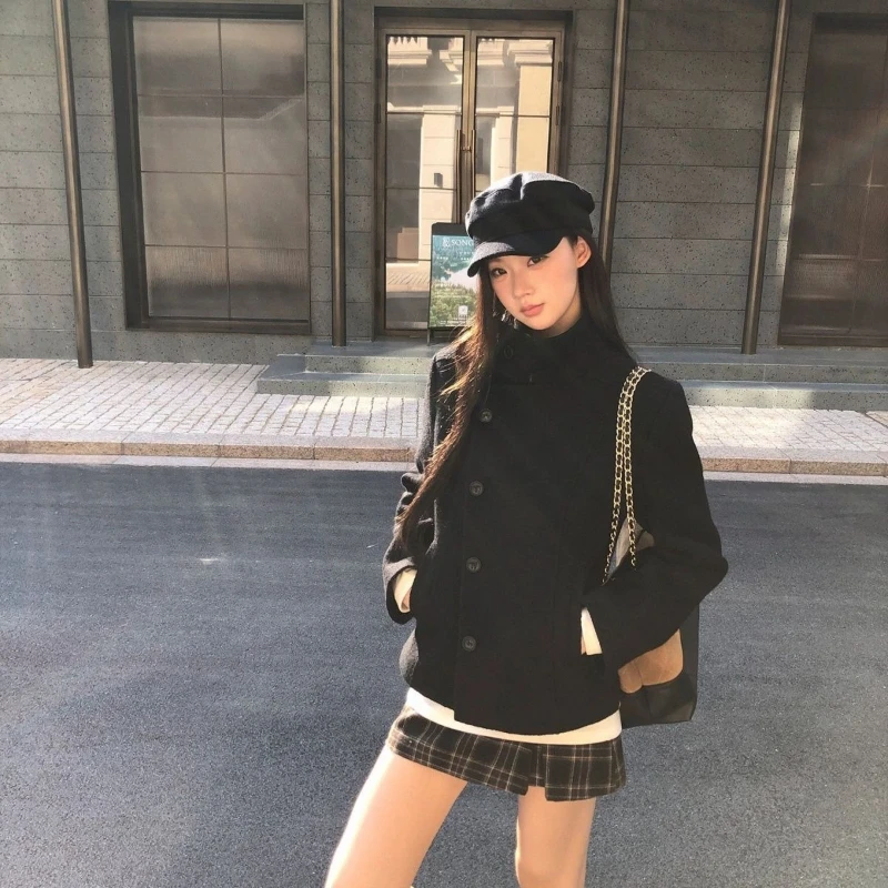 New Korea Chic Warm Thicked Woolen Coat Premium Short Stand Collar Slim Blends High Street Minority Vintage Moda Jackets