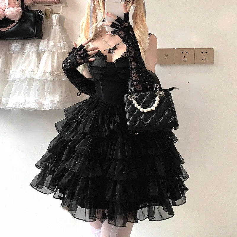 

Японское винтажное готическое платье Лолиты Jsk, женское милое платье с бантом и жемчужной сеткой, многоуровневое платье для торта, девчачье кавайное милое платье без рукавов на бретелях
