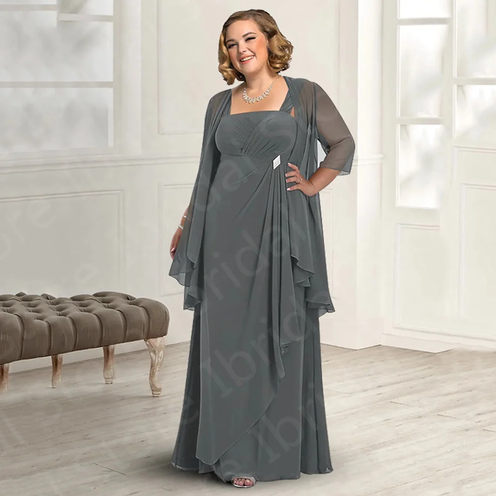 

2023 Gray Two Pieces Mother of the Bride Dresses with Straps Jacket Chiffon Wedding Guest Gowns Big Size