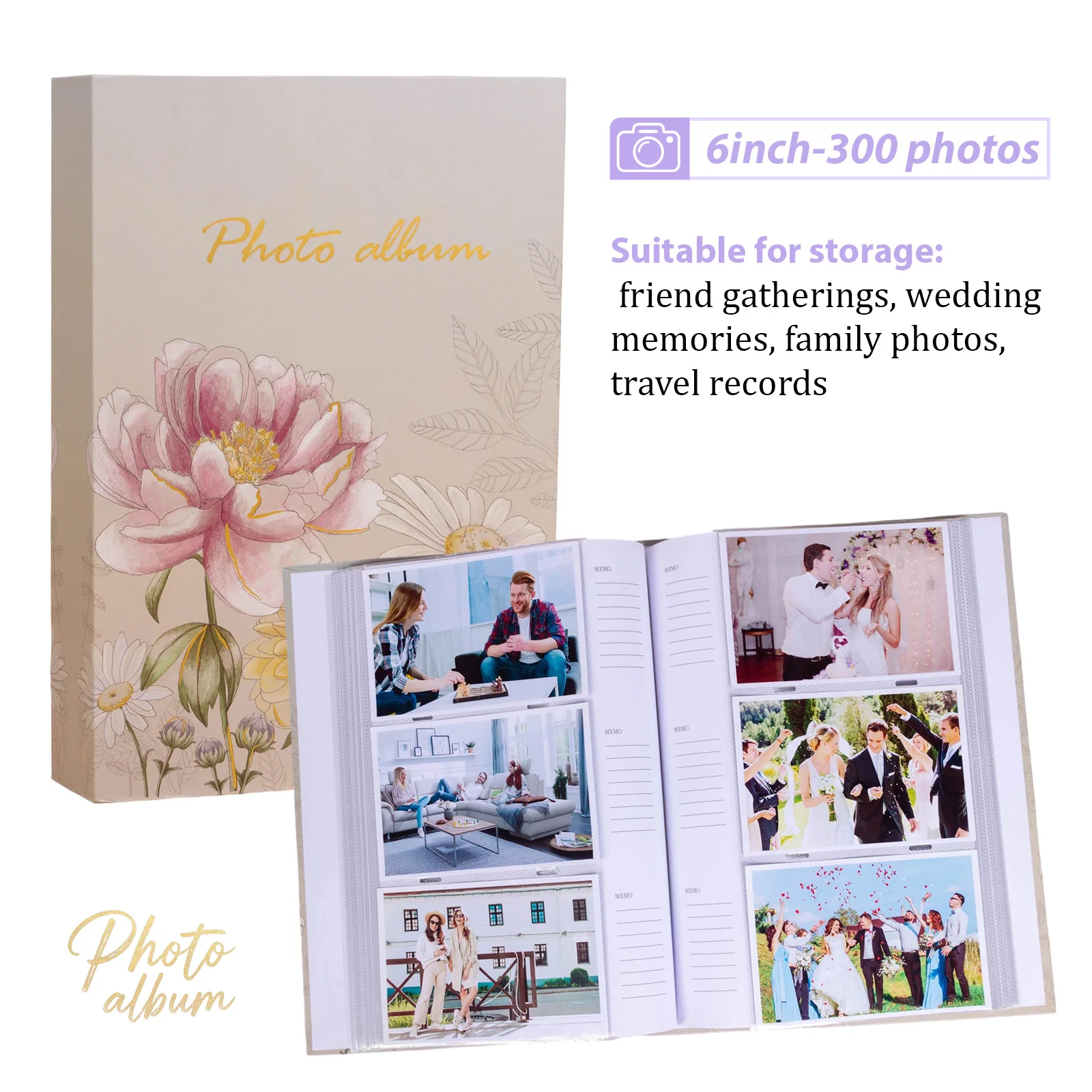 Photo album: 4×6, 300 Photos With Writing Area Large Picture Book With Craft Paper Cover Suitable For Weddings And Travels