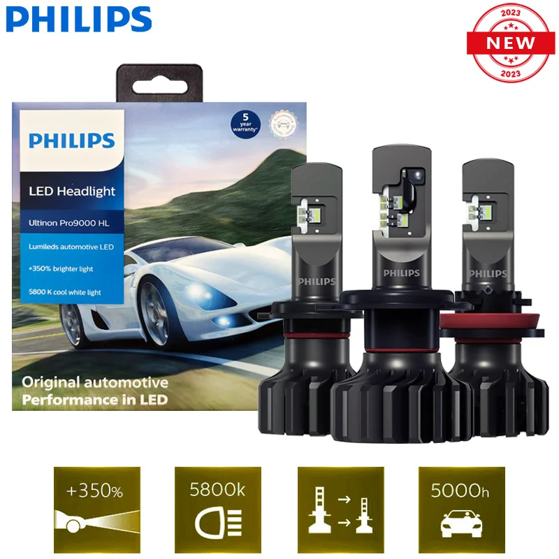 Philips-LED Ultinon Pro9000 Luz de Carro Branca, 350% Lumens Brilhantes, New Gen2, H1, H4, H7, H11, H8, HB3, HB4, HIR2 +, 9005, 9006, 9012, 5800K