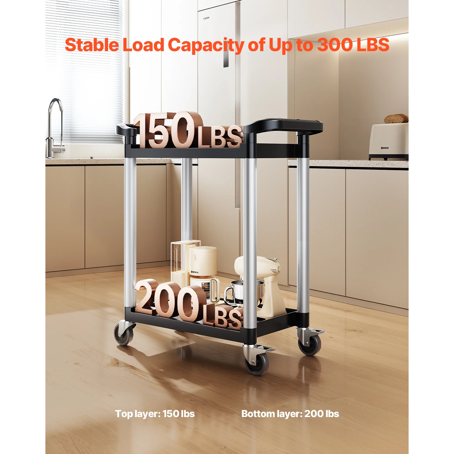 300 lbs Utility Cart 2-tier Food Service Cart with Swivel Wheels Mobile Storage Plastic Trolley for Kitchen Office Home