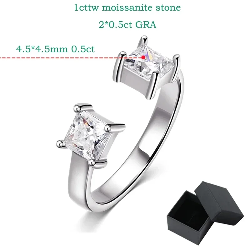 Smyoue 1CTTW 4.5mm Princess Cut GRA Certified Moissanite Rings for Women Adjustable 100% 925 Sterling Silver Wedding Party Band