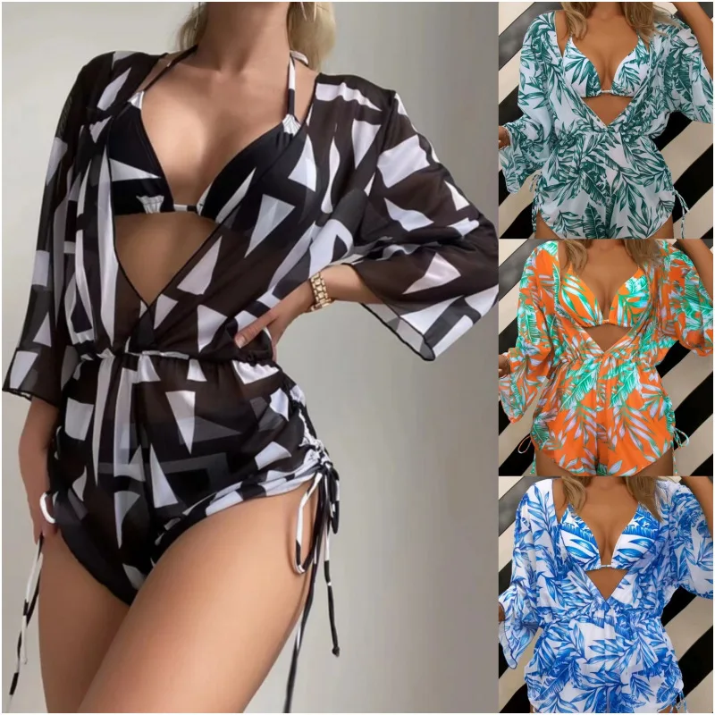 

Three-Piece Bikini Set for Women, Sun Protection, Printed Blouse, Swimwear, Wholesale, New