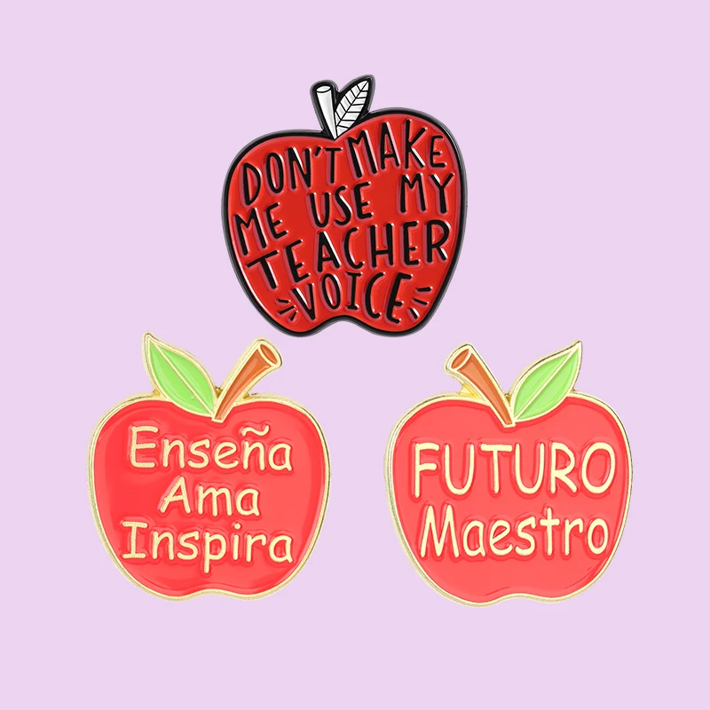 

3pcs/set Bilingual Teacher Enamel Pins Set Cute Apple Shape Brooches Lapel Backpack Badge Unique Education Theme Jewelry