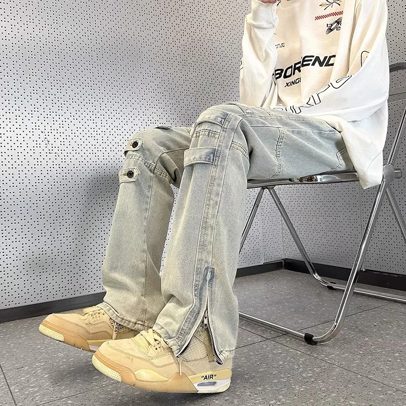 

Мужские повседневные джинсы свободного кроя с декоративной молнией, прямые брюки в американском стиле High Street