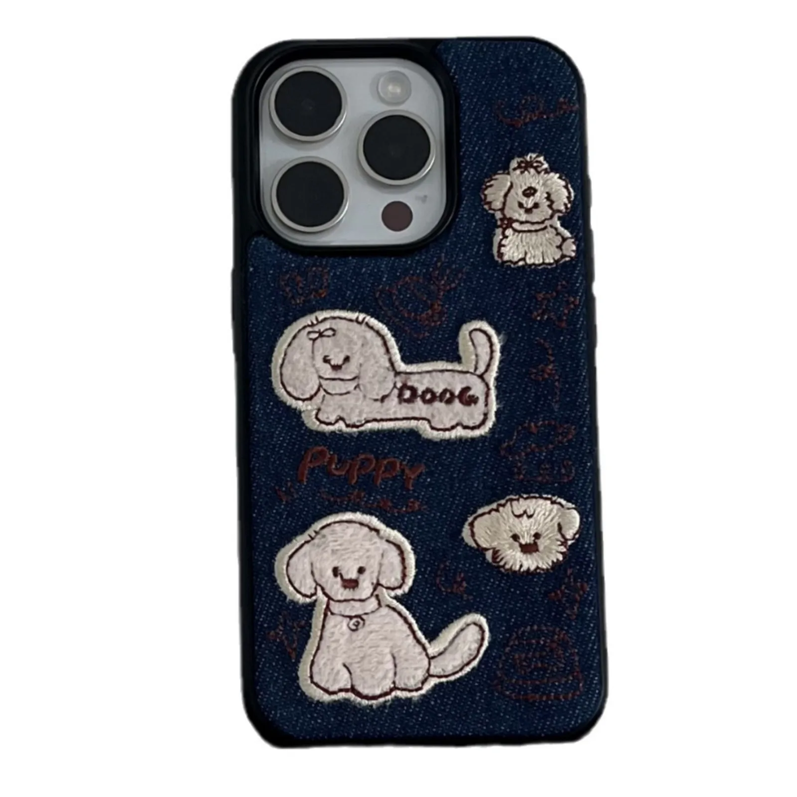 Embroidered Dog Denim Phone Case For iPhone 16 15 14 13 Pro Max Full Cover