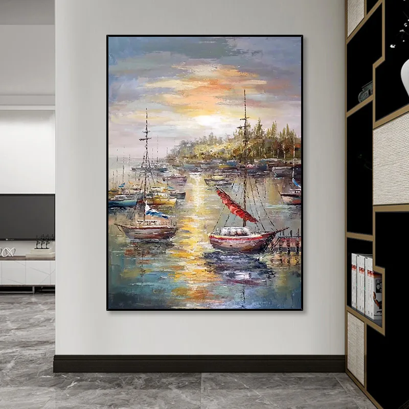 

Modern Hand Painted Oil Painting on Canvas Sailing Boat on The Sea Abstract Painting Wall Art for Living Room Bedroom Home Decor