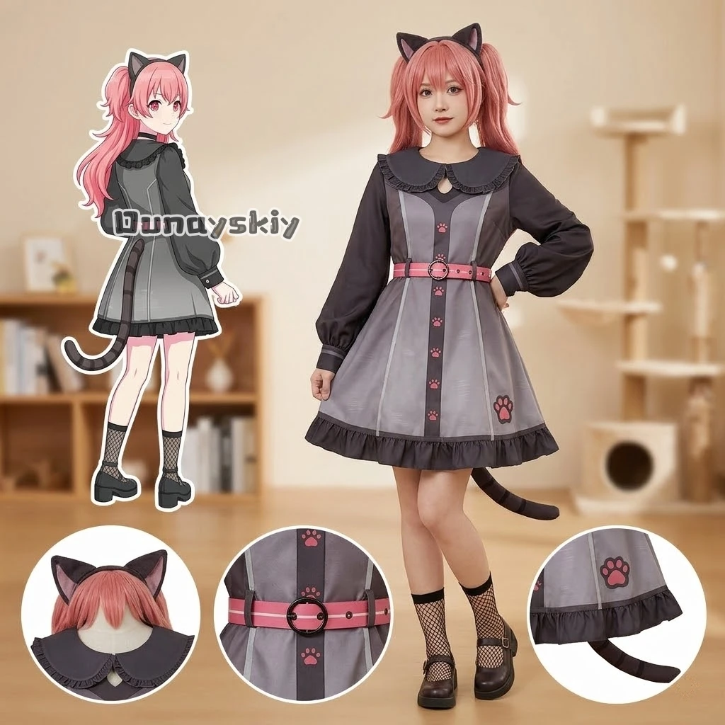 

LWW20*Momoi Airi Kawaii Neko Cat Earwear Furry Tail Cute Chocolate Color Cat Paw Pattern Y2K Dress Cosplay Game Project Sekai