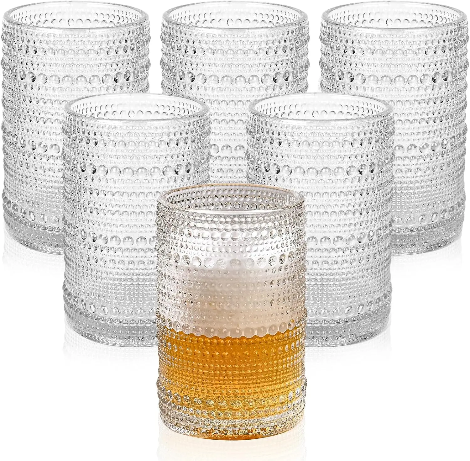 Vintage 15oz Hobnail Glass Cups Set of 6 with Cleaning Brush, Embossed Clear Tumbler for Beer, Cocktail, Whiskey, Juice